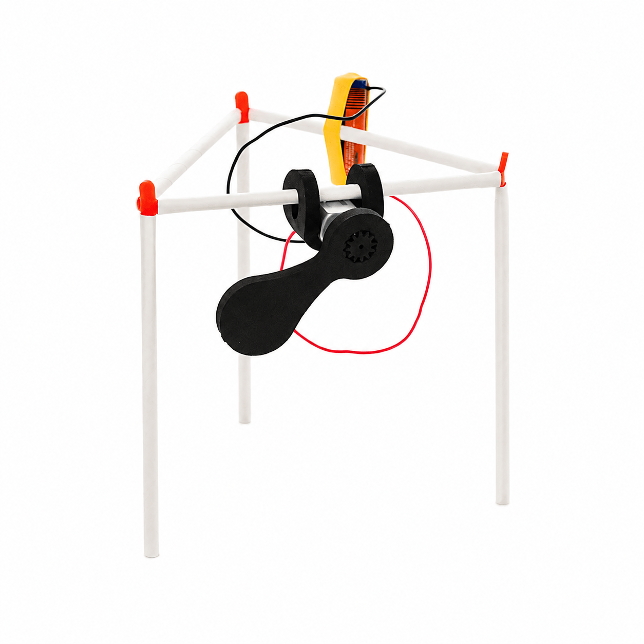 An assembled Strawbot: a tripod of white paper straws with a small black motor and offset foam weight wired to a yellow AA battery held on top with a rubber band.