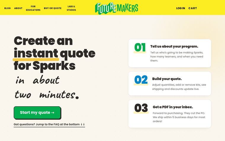 Screenshot preview of the FutureMakers instant quote builder page, shown as a website thumbnail