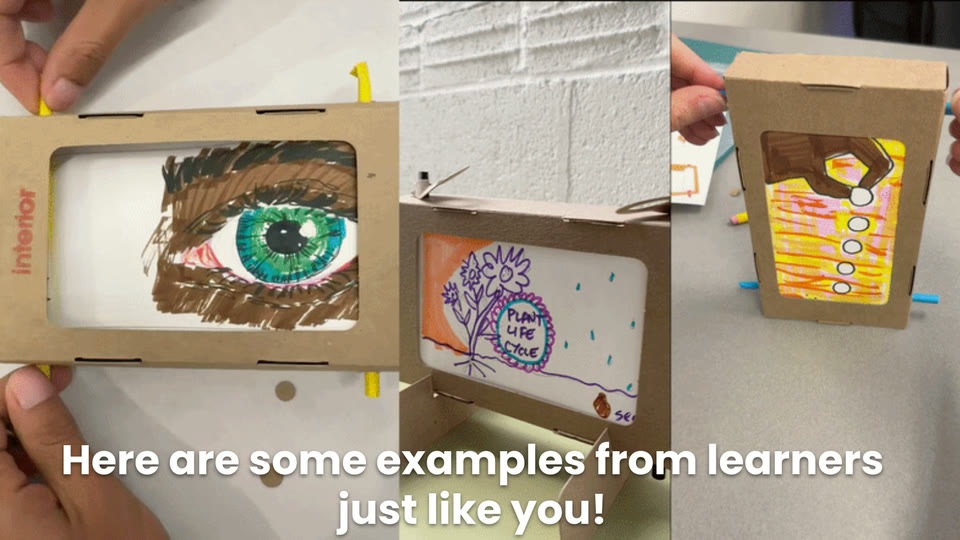 Learner slide: Crankie stories made by learners, including a giant eye, a plant life cycle and a hand