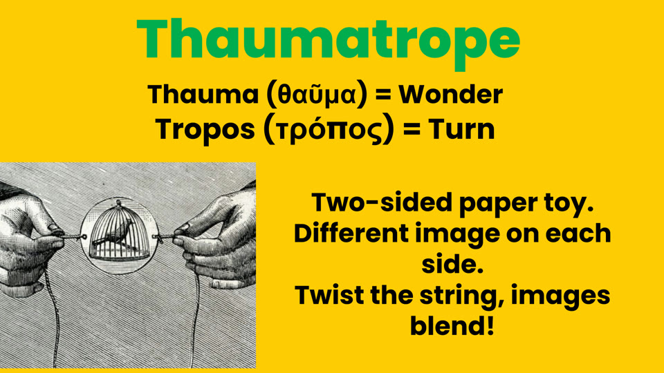 Learner slide: a thaumatrope is a two-sided paper toy with a different image on each side; twist the string and the images blend