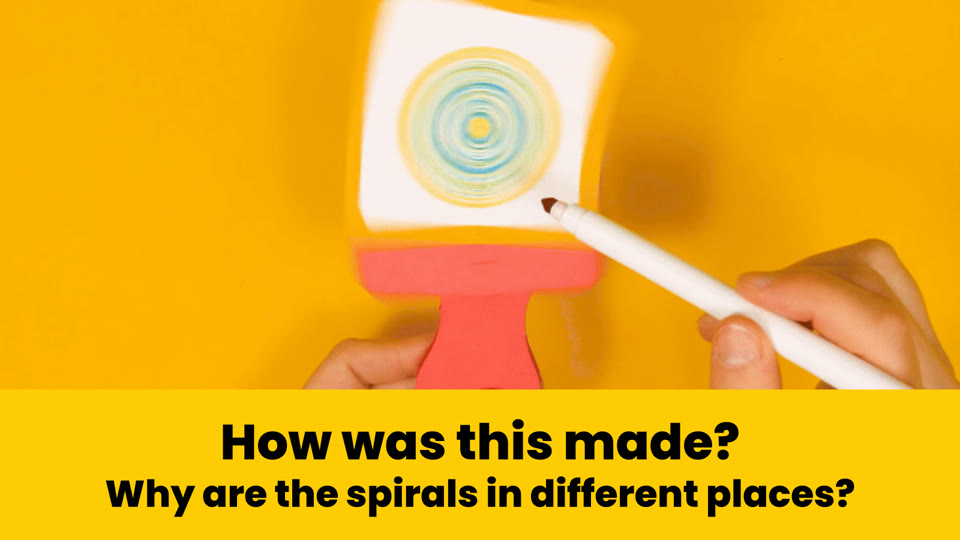 Learner slide: a spiral drawn on the spinning platform, asking how it was made and why the spirals are in different places