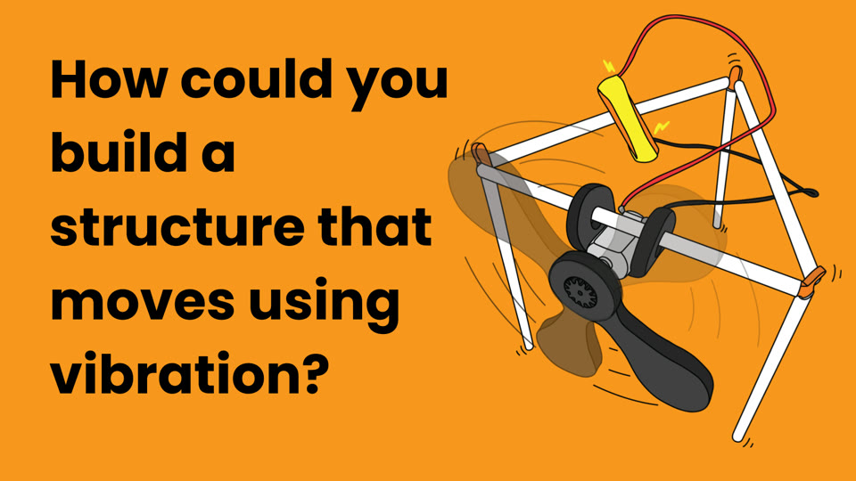 Learner slide: how could you build a structure that moves using vibration? Shown with a drawing of a straw frame with a spinning motor