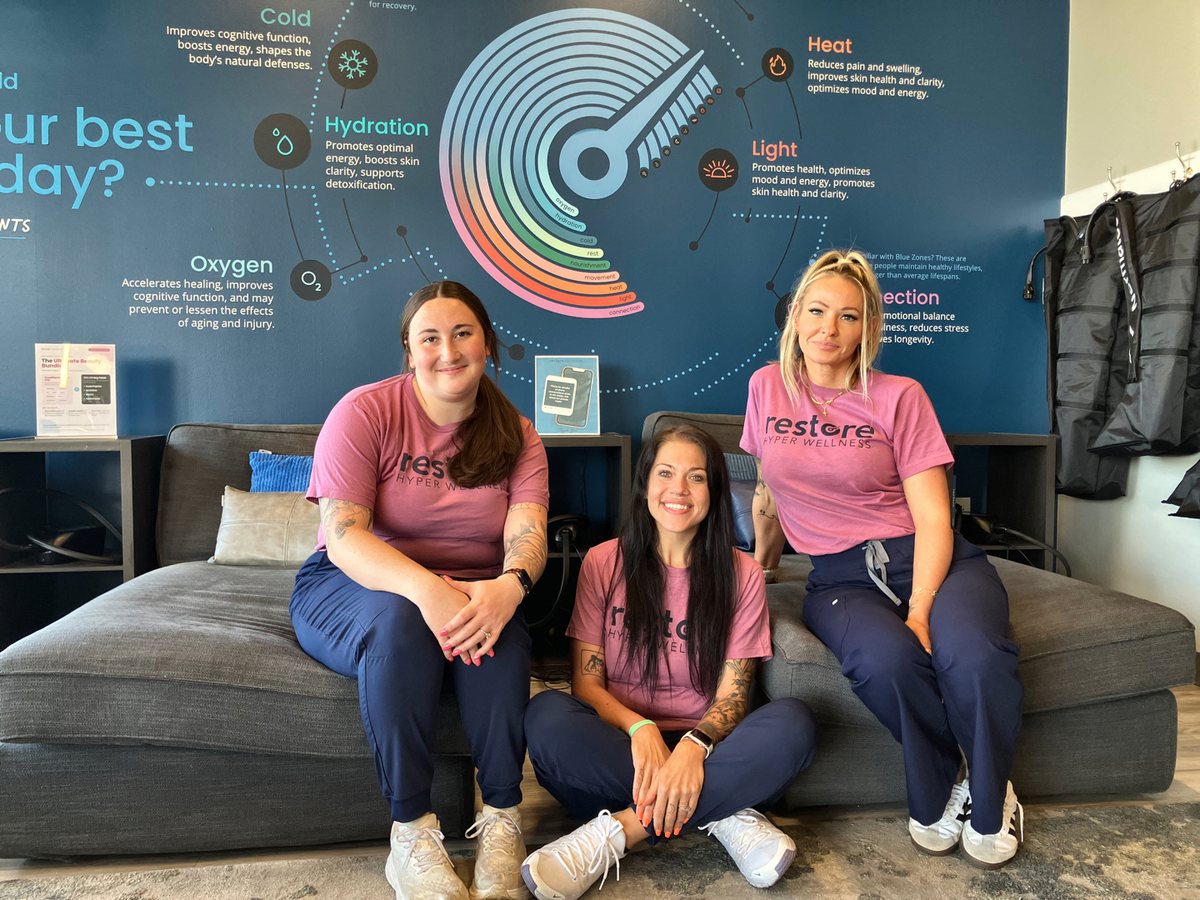 Three Restore team members together in a studio