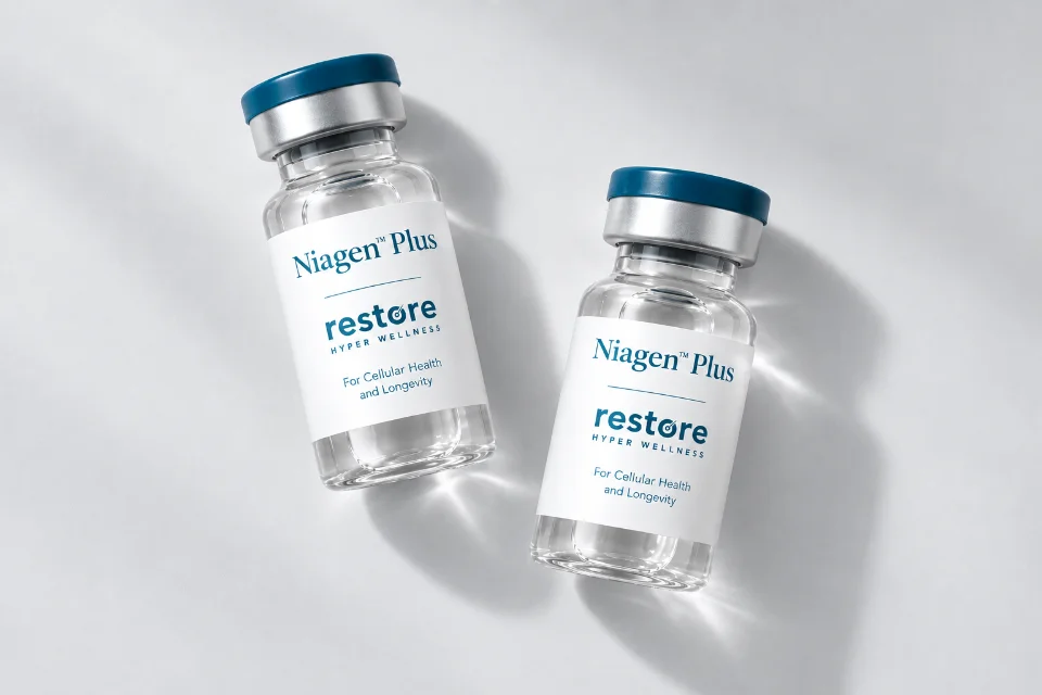 Two vials of Niagen Plus from Restore Hyper Wellness