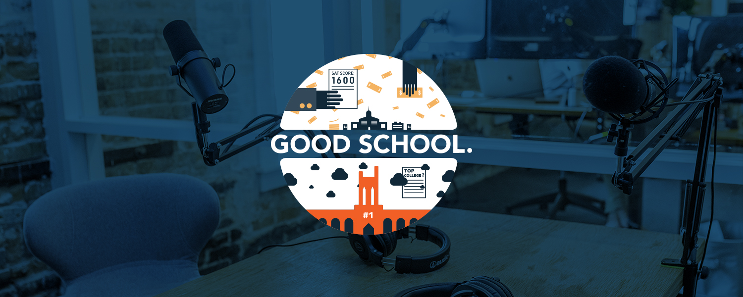 An illustrative logo on an image of a podcasting studio.