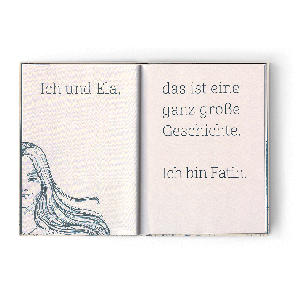 Eine zweiseitige Ausgabe aus dem Roman Ela, die eine Illustration und einen großen Text zeigt. Die Abbildung zeigt das halbe Gesicht einer Frau und ihr fließendes Haar. Die Frau scheint ein Down-Syndrom zu haben. Die Illustration ist in einem skizzenhaften Graphic Novel-Stil gehalten.