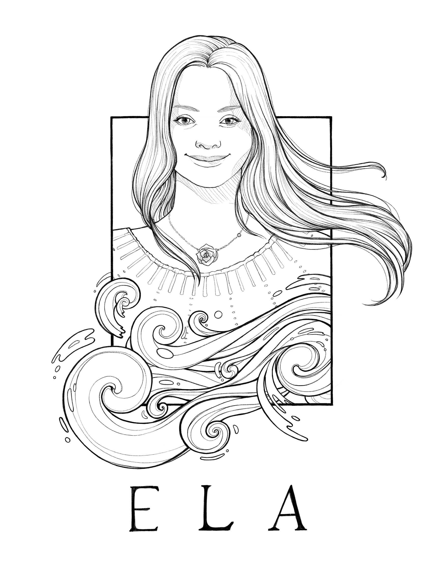 Eine Grafik, die die Hauptillustration des Romans Ela zeigt, mit einer Abbildung einer Frau mit Down-Syndrom, die ihr langes, fließendes Haar zeigt, über einem wirbelnden Muster, das das Meer darstellt. Die Abbildung ist im Graphic Novel-Stil gehalten.