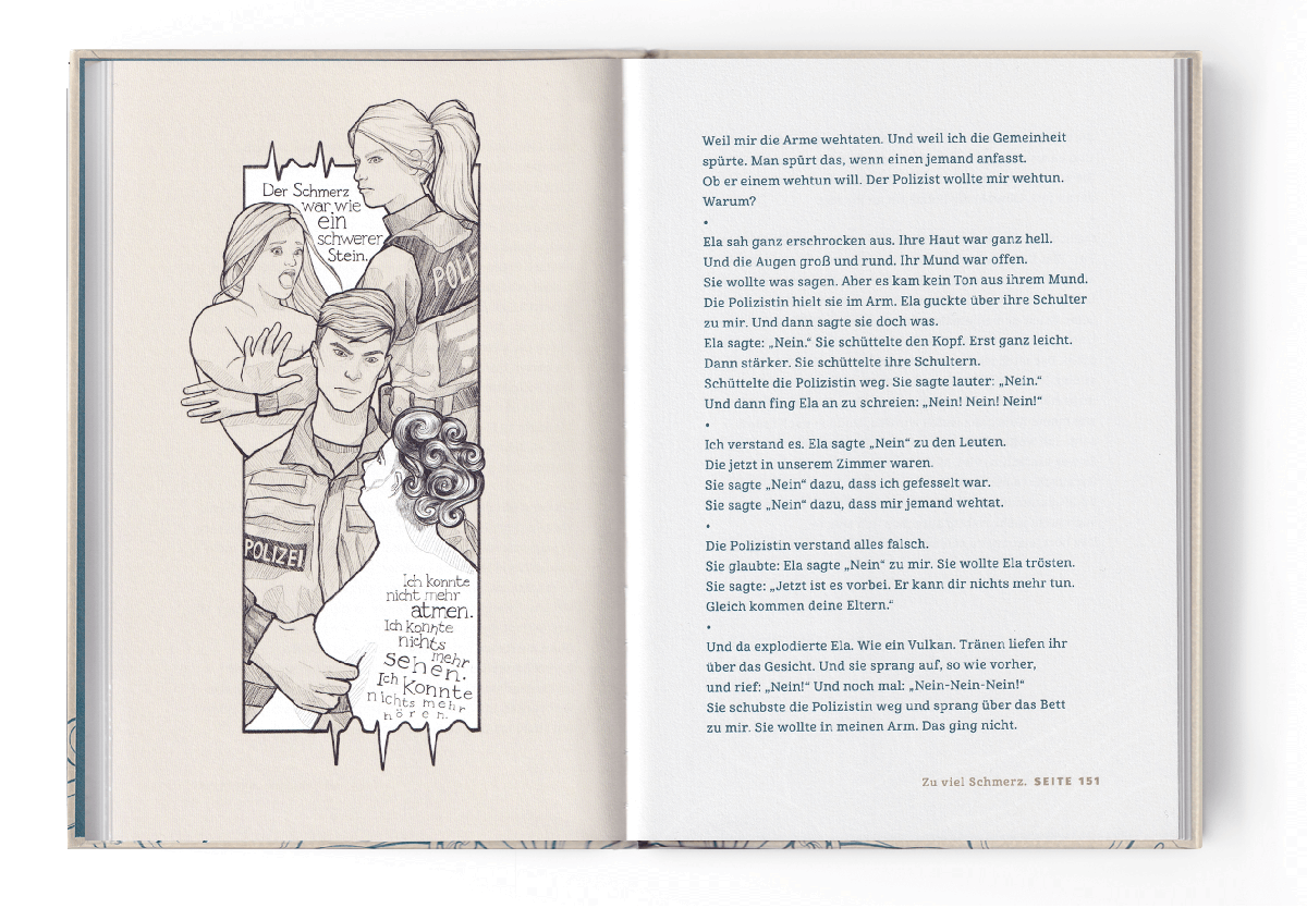 Ein Foto einer Doppelseite aus dem Buch Ela. Die linke Seite zeigt eine Schwarzweiß-Illustration im Graphic Novel-Stil, auf der eine Polizistin eine andere Frau festnimmt, die nackt zu sein scheint, und ein männlicher Polizist, der einen jungen Mann anstarrt. Die Szene ist angespannt.