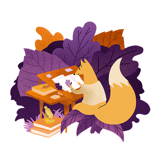 A colorful highly textured illustration of an orange cartoon fox sitting at a desk studying a biology textbook, with colorful purple leaves in the background.