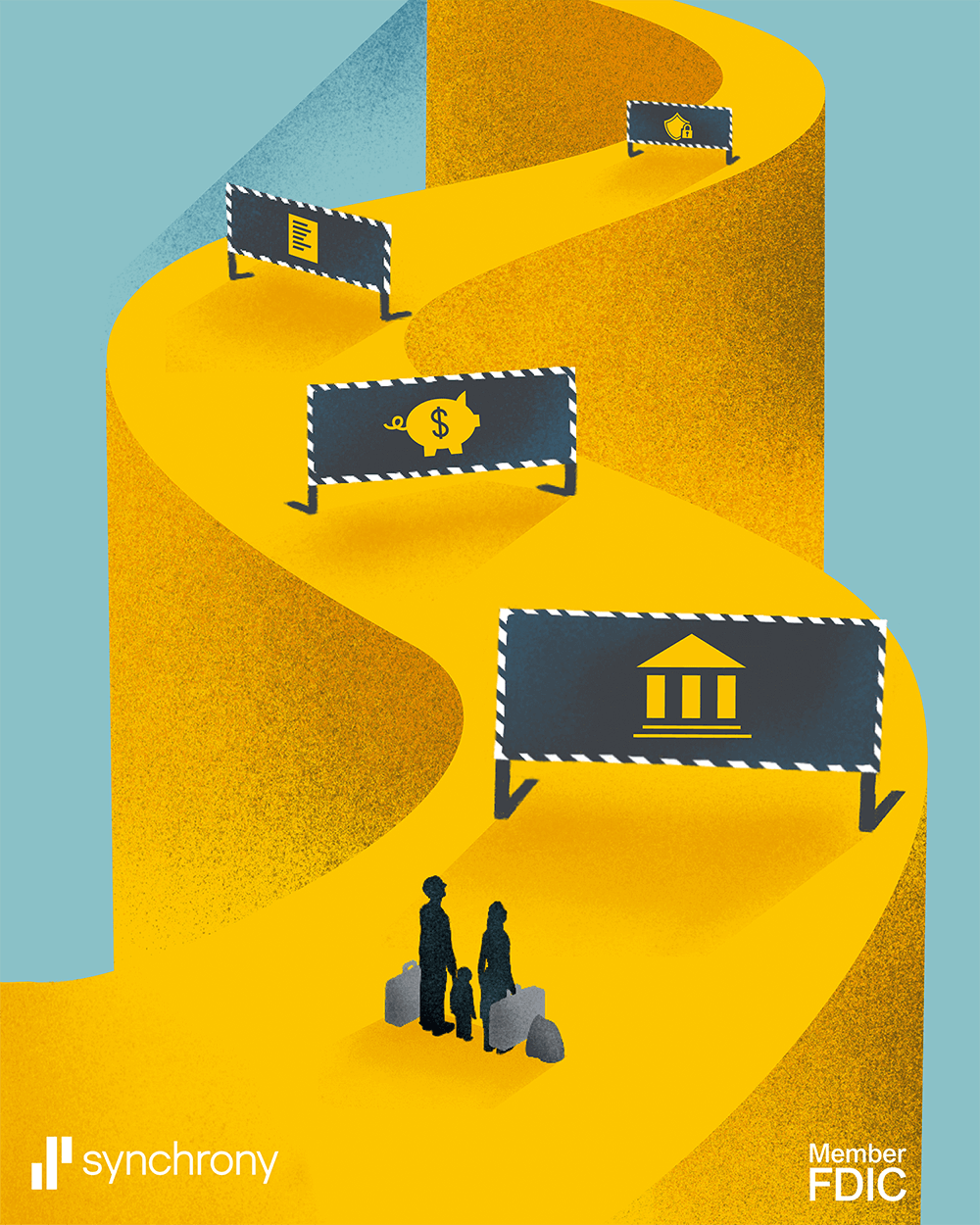 Dieses Bild zeigt einen gewundenen gelben Pfad, der zu einem fernen Horizont führt. Entlang des Weges befinden sich Werbetafeln mit Finanzsymbolen wie einer Bank, einem Sparschwein und einem Dollarzeichen. Zwei silhouettierte Figuren mit Koffern laufen den Pfad entlang und stellen eine Reise durch die Finanzplanung dar. An den Ecken befinden sich die Logos „Synchrony“ und „Member FDIC“.