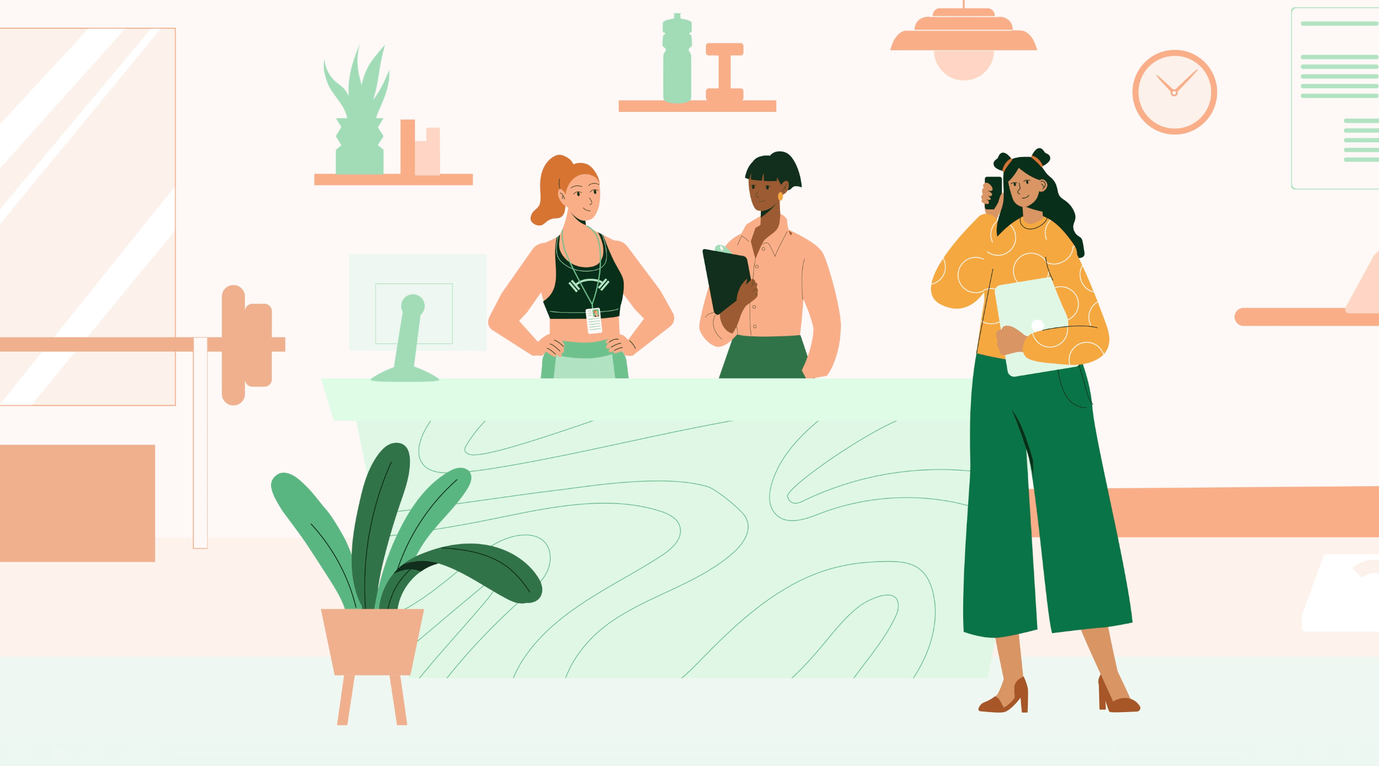Eine illustrierte Szene, die den Rezeptionsbereich eines Fitnessstudios zeigt, in dem zwei Frauen hinter der Theke und eine davor stehen. Die Frauen tragen moderne, modische Sport- und Berufskleidung, und eine Frau hält sich ein Handy ans Ohr. Die Abbildung ist in den Farben Creme, Grün und Orange dargestellt.