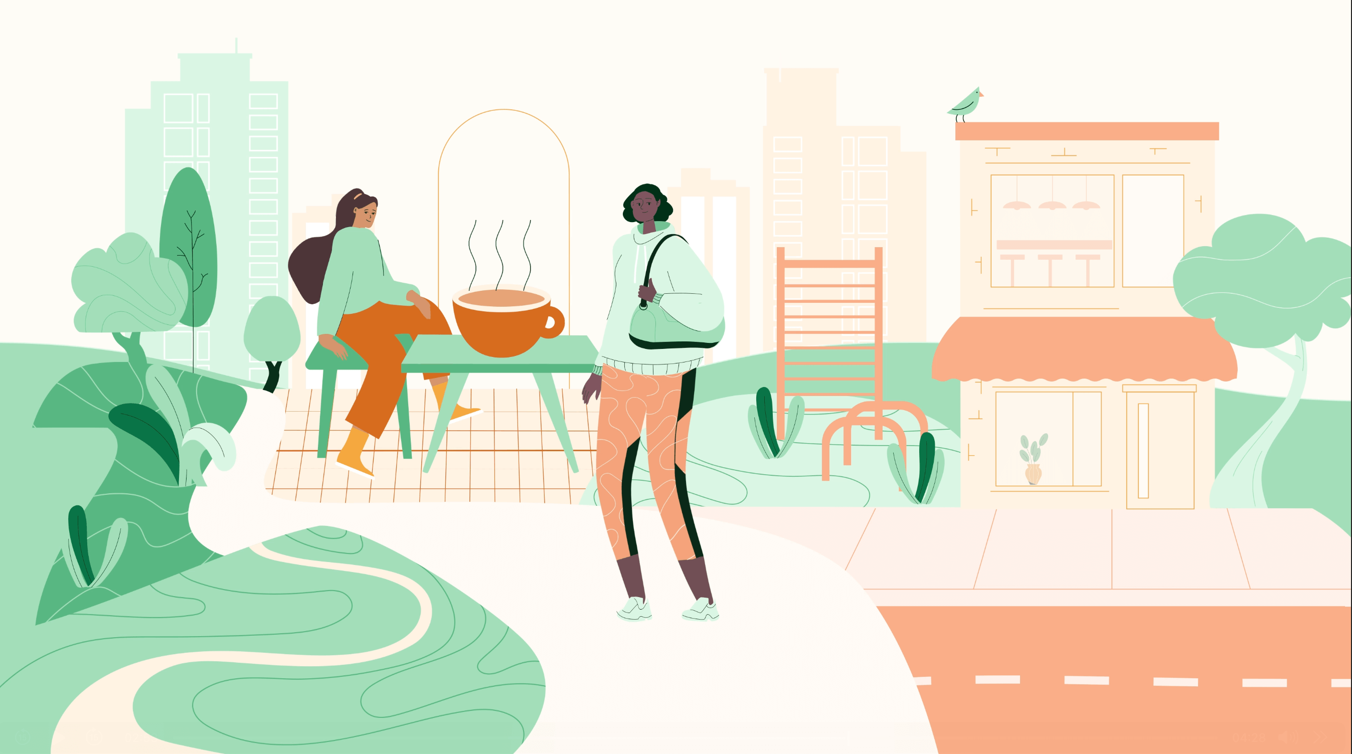 Eine flache 2D-Illustration im Vektorstil, die eine urbane Szene mit einigen Gebäuden im Vordergrund und Hintergrund, einer Parkanlage und zwei Frauen in moderner Kleidung zeigt. Eine Frau trägt bequeme Berufskleidung und sitzt mit einer übergroßen Kaffeetasse an einem Tisch. Die andere Frau trägt modische Sportkleidung und hält eine Sporttasche in der Hand. Die Abbildung besteht aus Grün-, Orange- und Cremetönen.