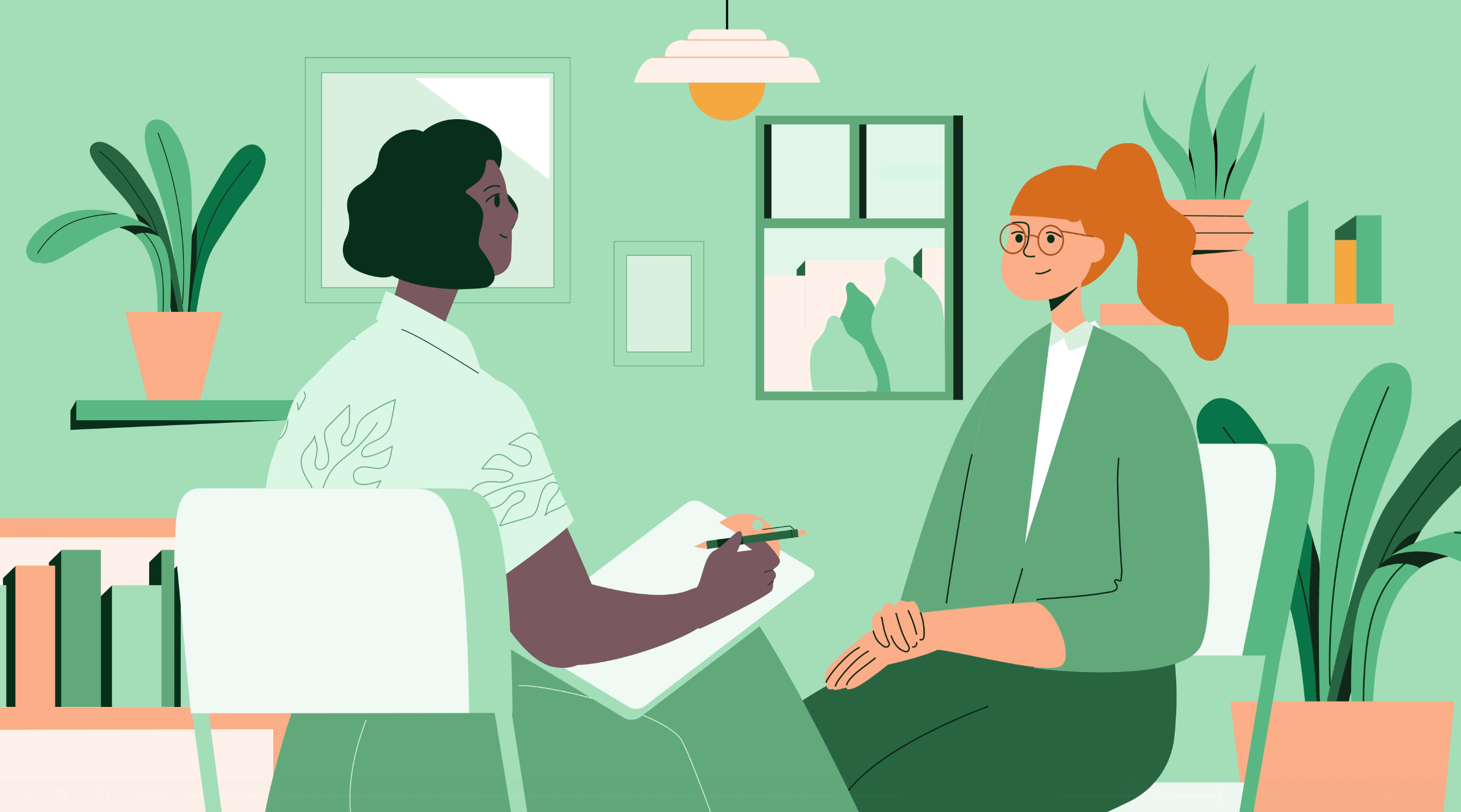 Eine flache 2D-Illustration im Vektorstil, die eine Büroszene mit zwei Frauen zeigt, die sich unterhalten. Eine Frau hat dunkle Haut und Haare und hält ein Klemmbrett in der Hand, die andere hat rote Haare. Die Abbildung besteht aus Grüntönen mit einem Hauch von Orange und Weiß.