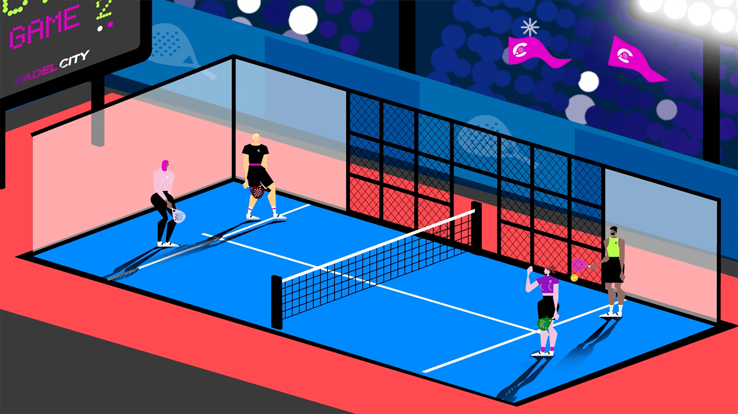 Eine illustrierte Grafik in einem halbisometrischen Winkel, die einen Padelballplatz in einem Stadion mit vier illustrierten Charakteren zeigt, die bereit sind, das Spiel zu spielen.