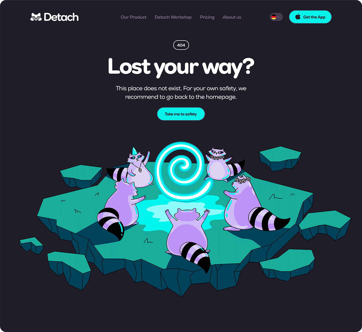 Ein Screenshot einer Website mit weißem Text „Lost your way?“ auf dunkelviolettem Hintergrund, darüber eine Cartoon-Illustration von lila Waschbären, die an einer leuchtend blauen Spiralform arbeiten.