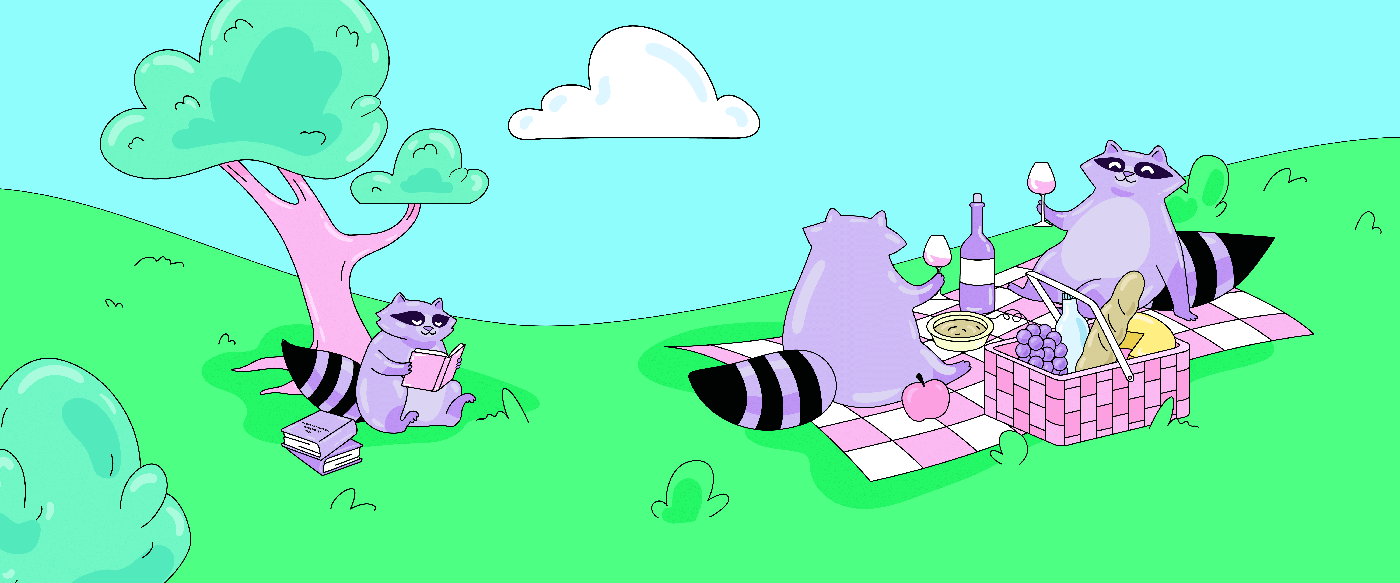 Eine Illustration im Cartoon-Stil von drei Waschbären in einer wunderschönen Landschaft im Freien. Ein Waschbär liest ein Buch unter einem Baum, während zwei andere Waschbären auf einer Picknickdecke sitzen und Wein trinken. Die Farbpalette besteht aus Hellblau, Grüntönen, Rosa und Lila.