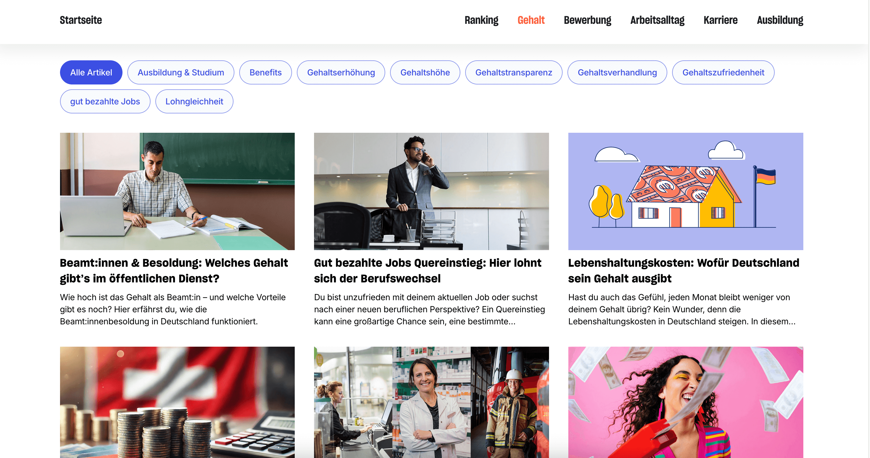 Ein Screenshot der Website kununu.com, der Links zu Artikeln mit verschiedenen Fotos und Abbildungen als Artikelüberschriften mit kurzen Textbeschreibungen darunter zeigt.
