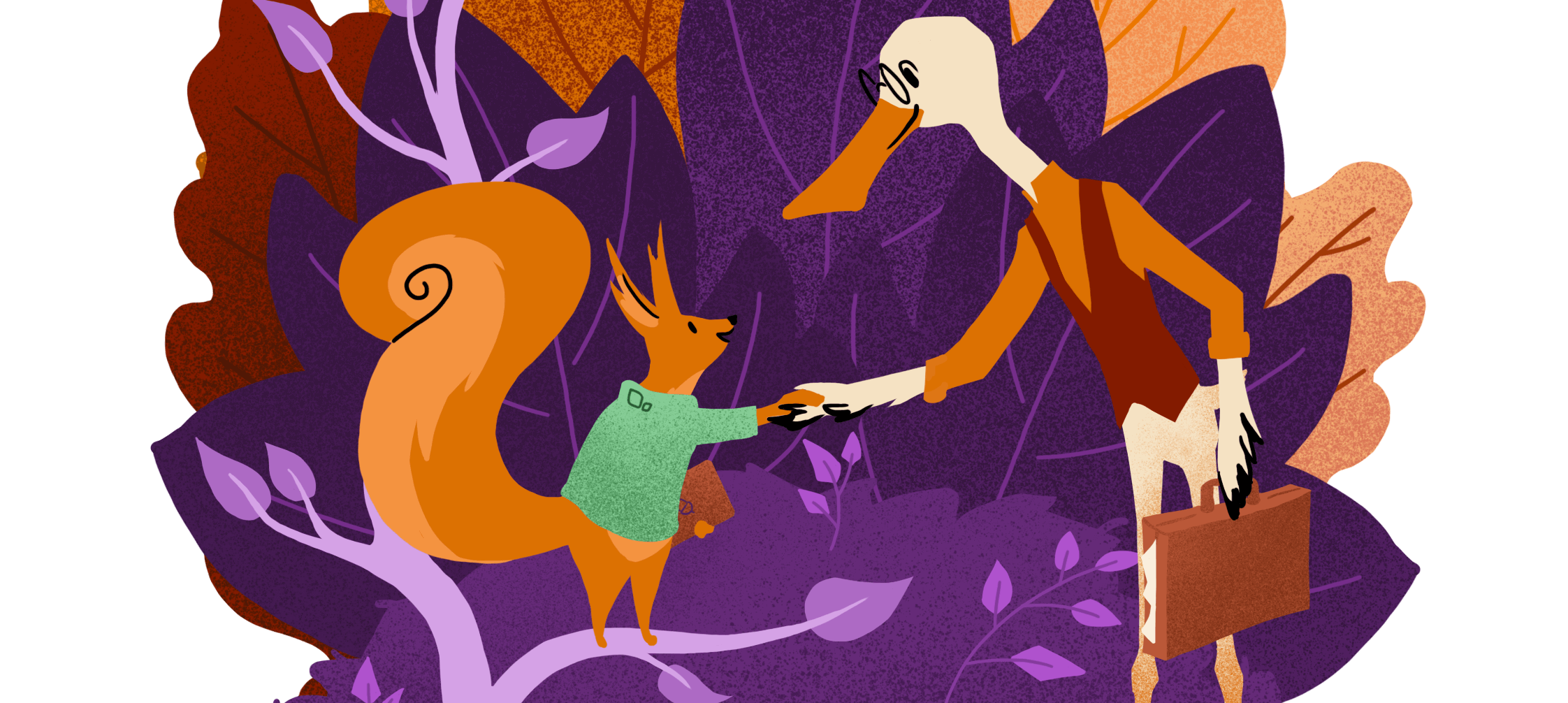Ein Ausschnitt einer körnigen Zeichentrickillustration, die eine Eichhörnchenfigur in einem grünen Pullover zeigt, die einer Entenfigur in orangefarbenem Hemd und roter Weste die Hand schüttelt, vor einem lila Hintergrund aus Blättern.