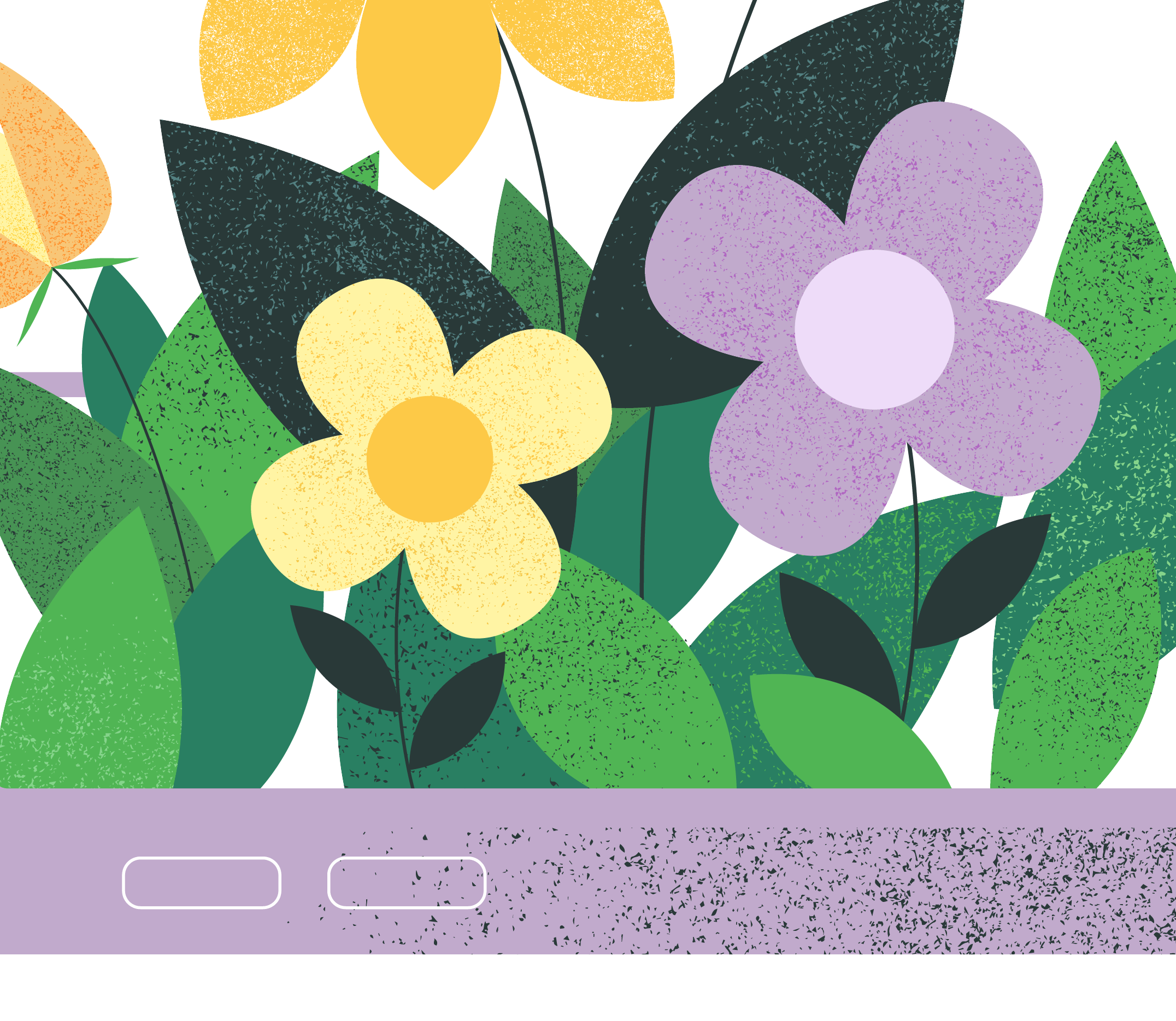 Eine ausgeschnittene Abbildung, die ein lila Smartphone mit lila und gelben Blüten zeigt, die aus dem Bildschirm wachsen und von grünen Blättern umgeben sind.