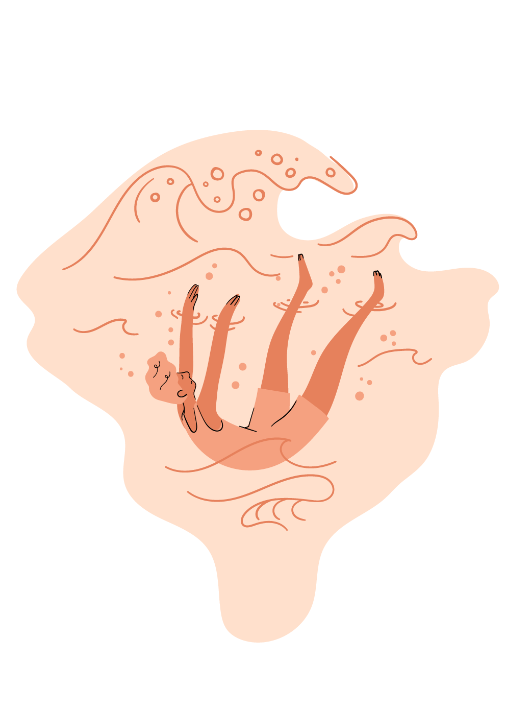 Eine Illusration, die eine menschliche Figur zeigt, die in einer abstrakten Wellenform schwebt oder fällt. Die Illustration ist in einfachen, flachen Farben mit feinen Konturen in Pfirsich- und Orangetönen auf weißem Hintergrund gezeichnet.