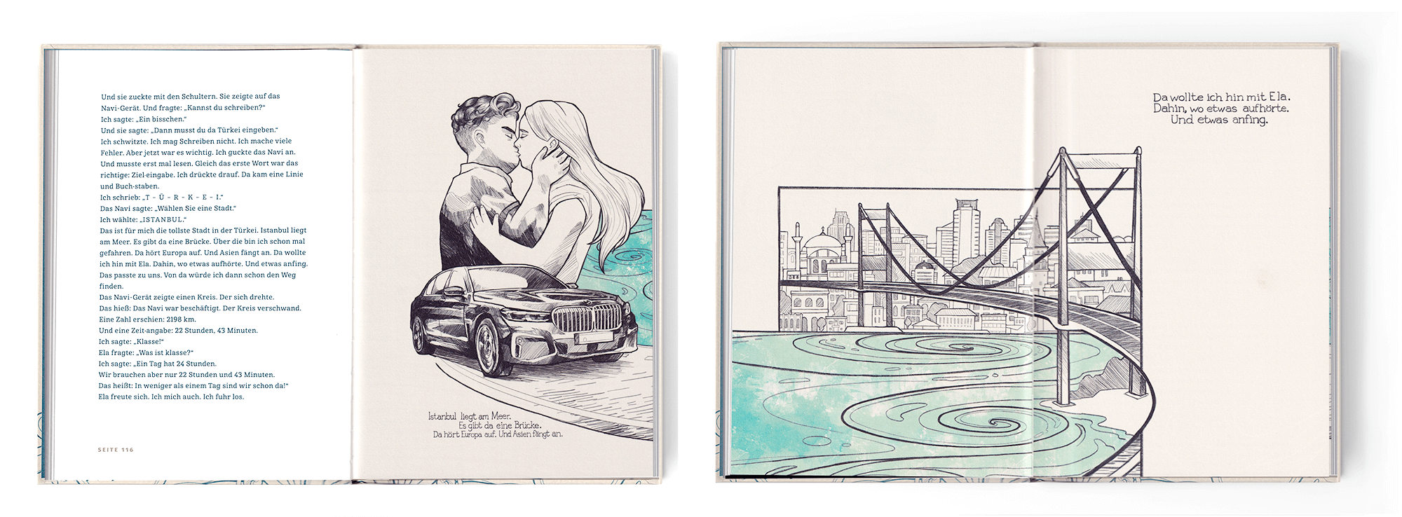 A graphic showing two images of an open book. The books are open to show text and illustrations in a pencil sketch style with some blue and green colorful elements, showing a young couple kissing next to a car, and a scene with water and a bridge with a city in the distance.