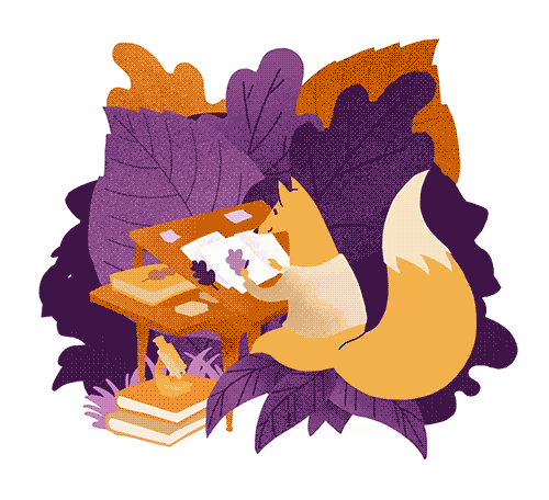 An animated gif showing a colorful highly textured illustration of an orange cartoon fox sitting at a desk studying a biology textbook, with colorful purple leaves in the background.