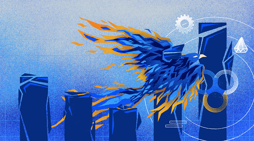 A vibrant illustration of a phoenix rising over structural pillars, representing powerful corporate evolution and sustainable business performance. This imagery captures the essence of transformative success and renewed growth.