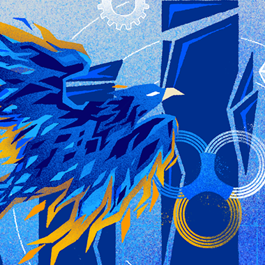 A vibrant illustration of a phoenix rising over structural pillars, representing powerful corporate evolution and sustainable business performance. This imagery captures the essence of transformative success and renewed growth.