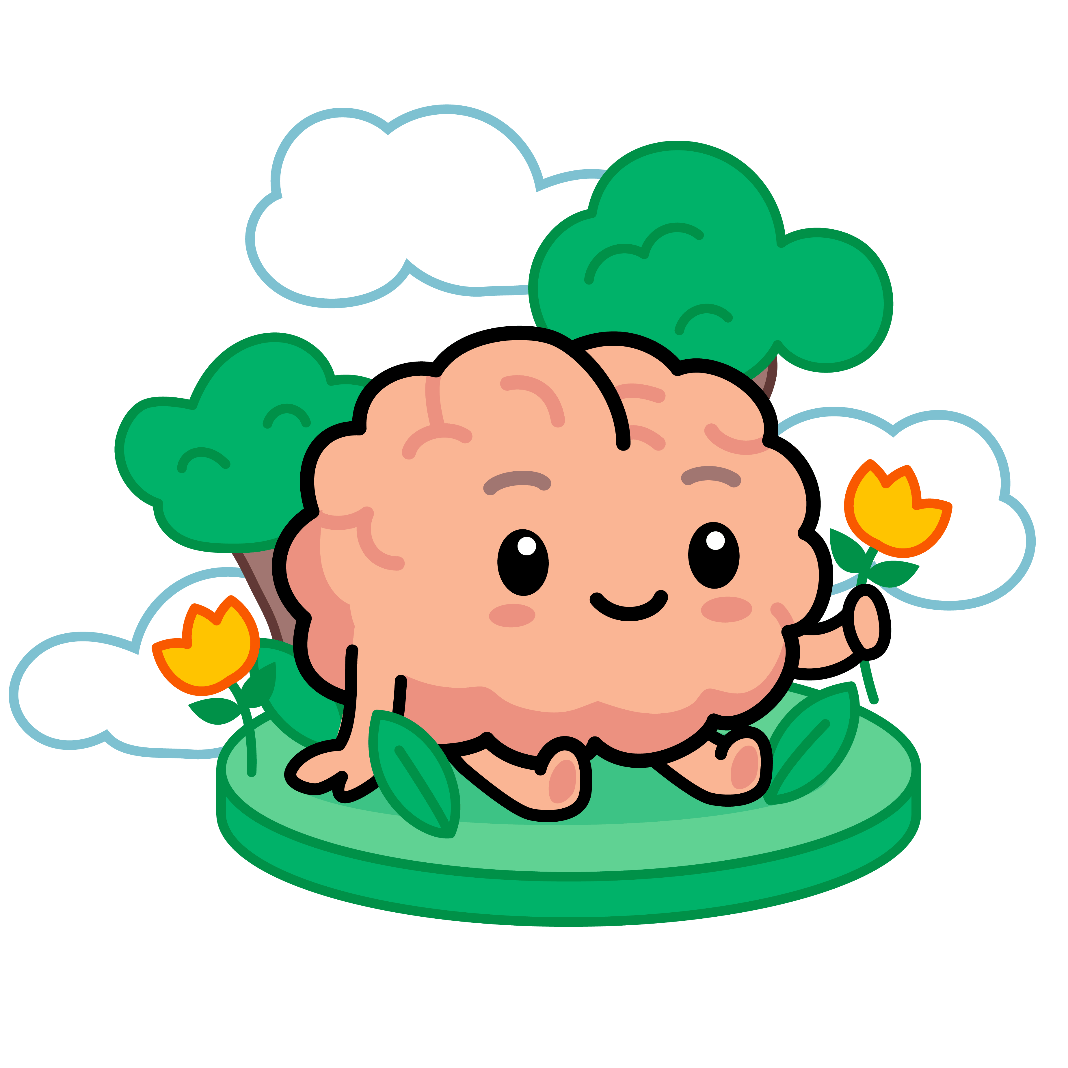 A vector illustration of a cartoon brain mascot with arms and legs sitting on a small green platform surrounded by grass and trees, holding a small yellow flower, looking happy and smiling.
