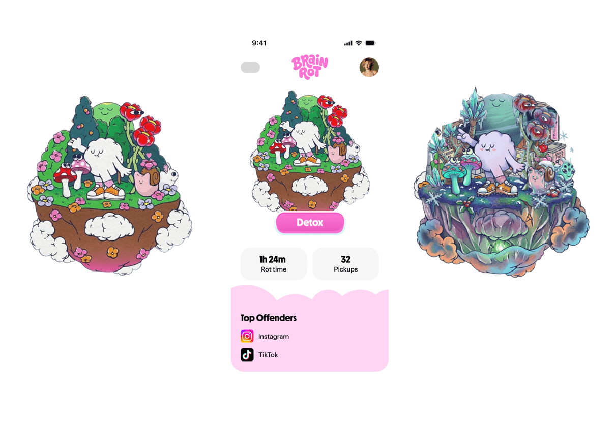 Three illustrated images on a white background, showing a cloud-like brain character standing on an organic platform surrounded by clouds, trees, and plants. The central image includes an app UI with pink elements for an app called Brainrot with a smaller image of the brain character near the center.