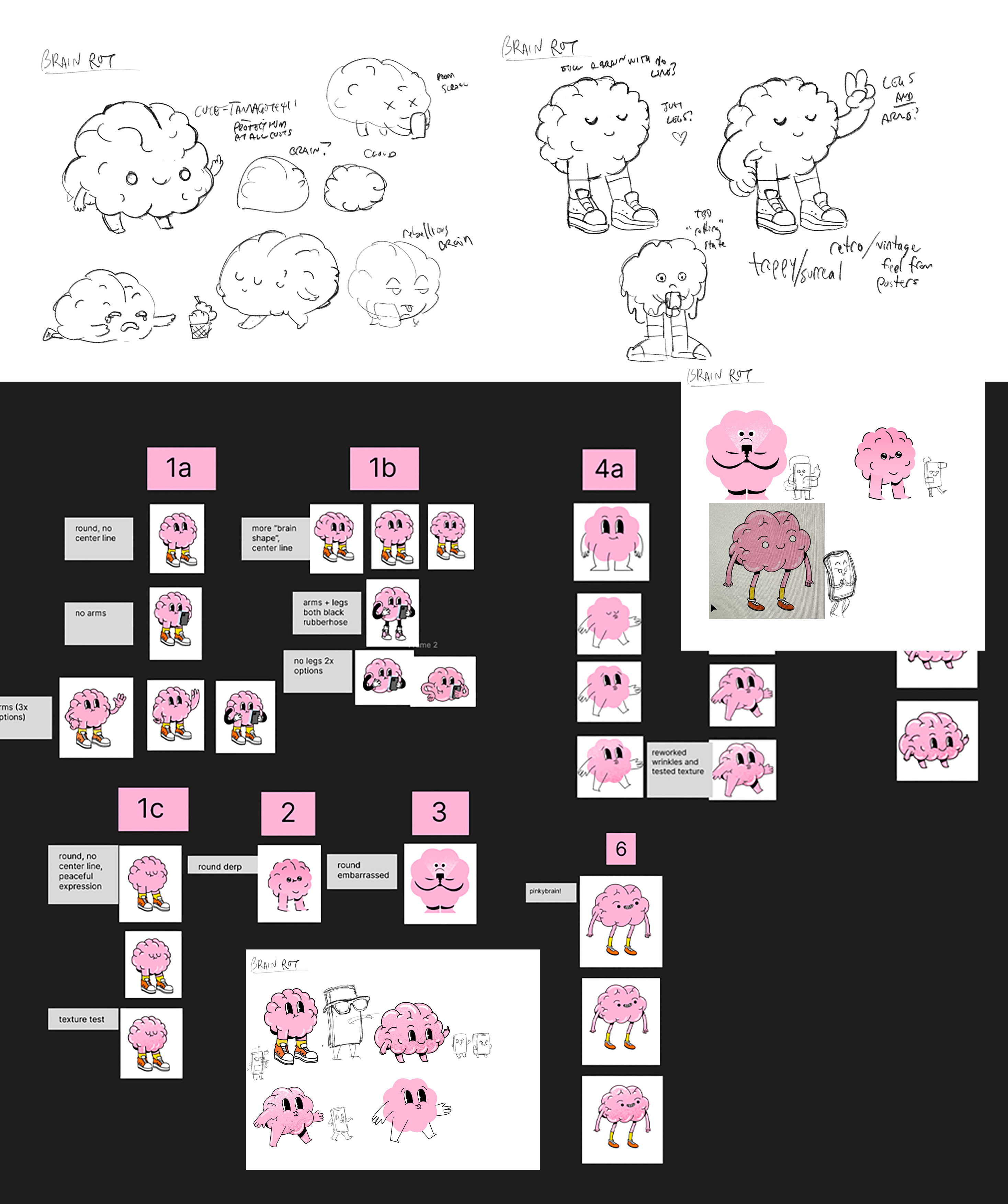 A composite image showing black and white sketches of a cartoon brain mascot in various styles, and multiple vector images of a cartoon brain mascot in different styles and color variations, with handwritten notes on the margins.