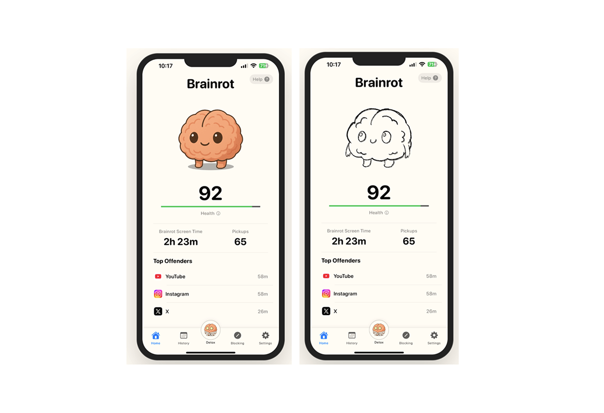 An image showing two iphone mockup screens side by side, with a UI for a smartphone app. The image on the left shows a cartoon brain mascot, while the image on the right shows a black and white sketch of a similar mascot.