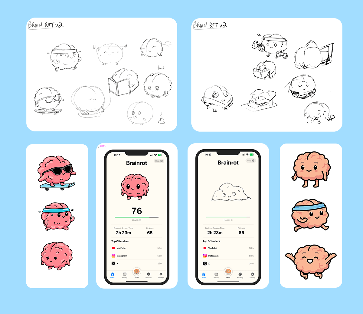 A composite image with a light blue background showing various sketches and early concepts for a cartoon brain mascot character.