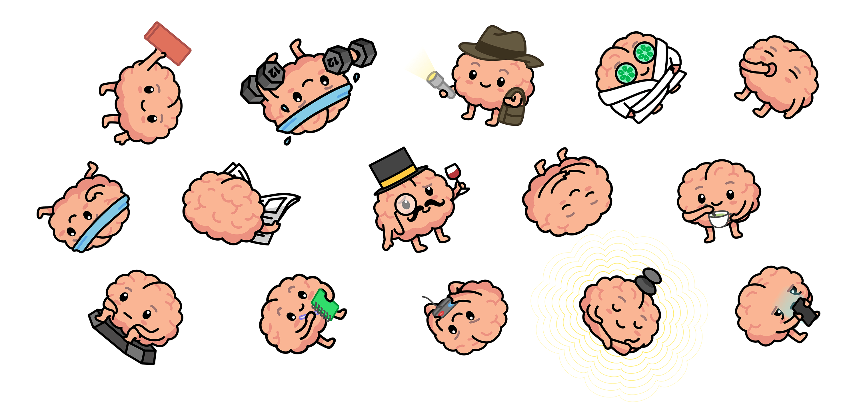An image showing multiple illustrations of a cute cartoon brain mascot wearing different outfits and engaged in different actvities.