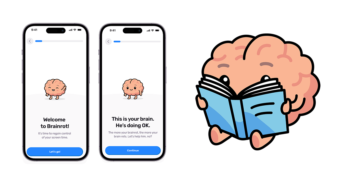 An image showing two phot screens with an app mockup of a cartoon brain mascot. On the right of the phone screens is a larger cartoon brain mascot reading a book.