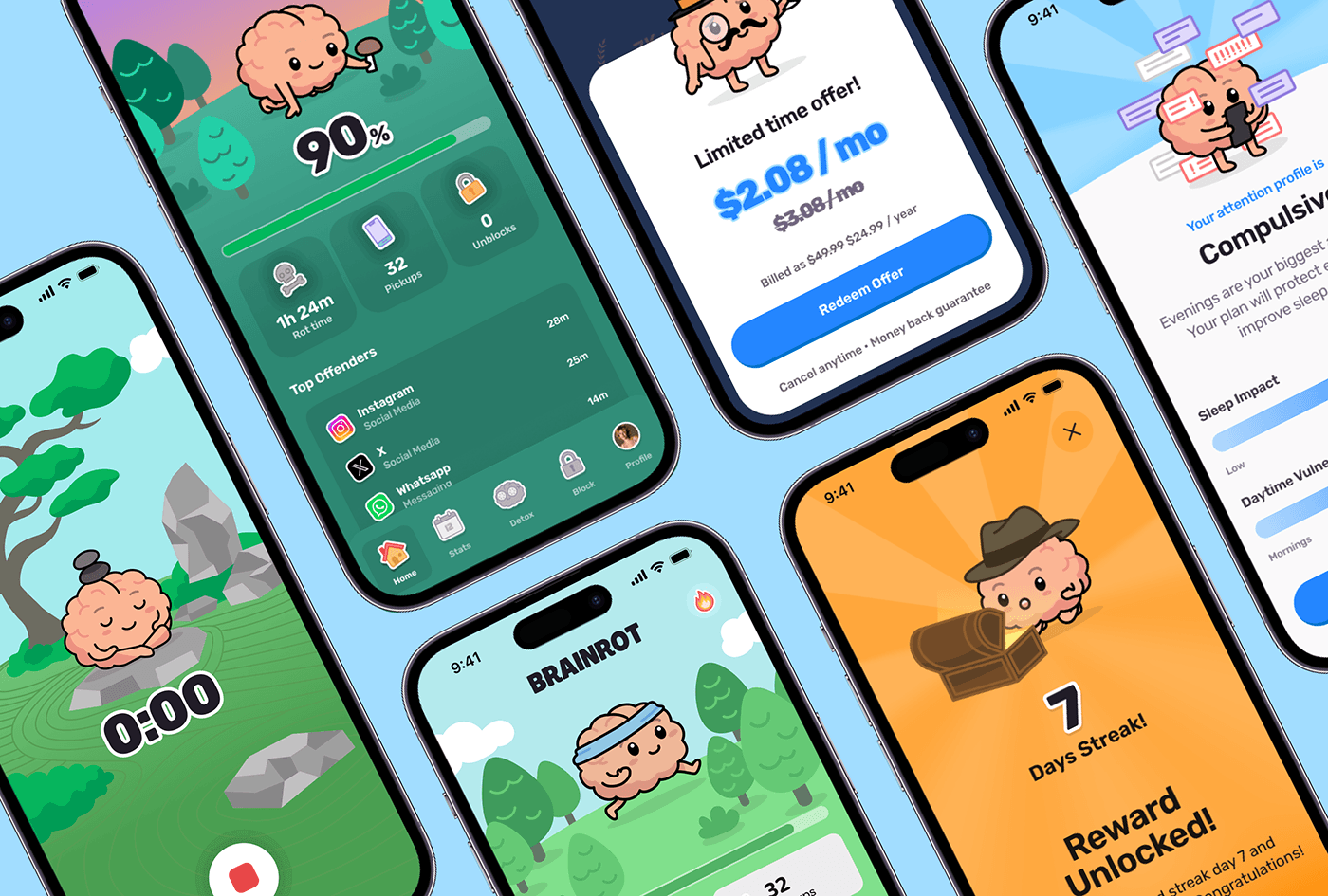 A composite image with a light blue background showing iphone mockups in a diagonal pattern, with each phone showing a mockup of the Brainrot app.