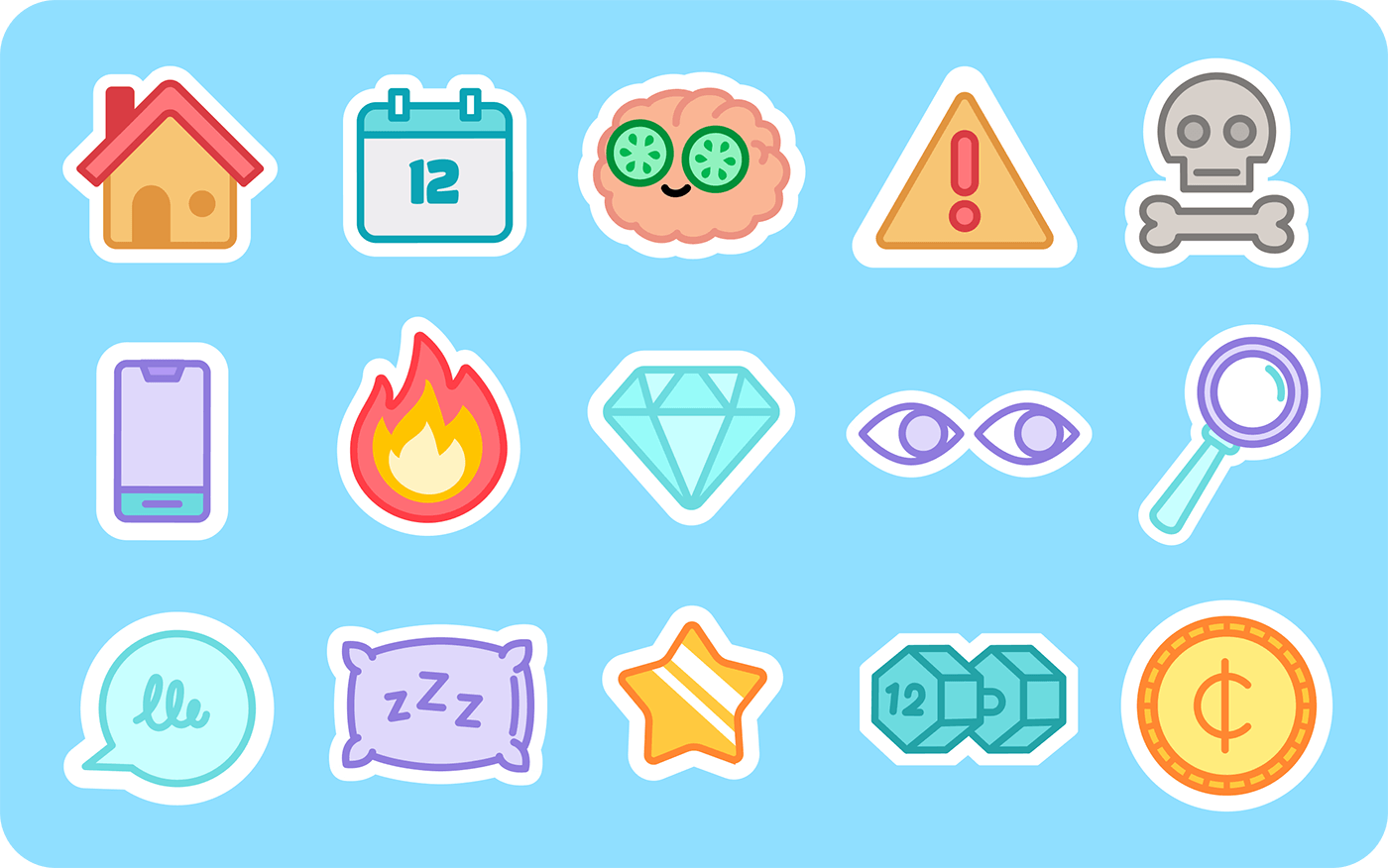 A image with a light blue background showing different colorful cartoon icons like a calendar, brain, fire, star, and pillow.