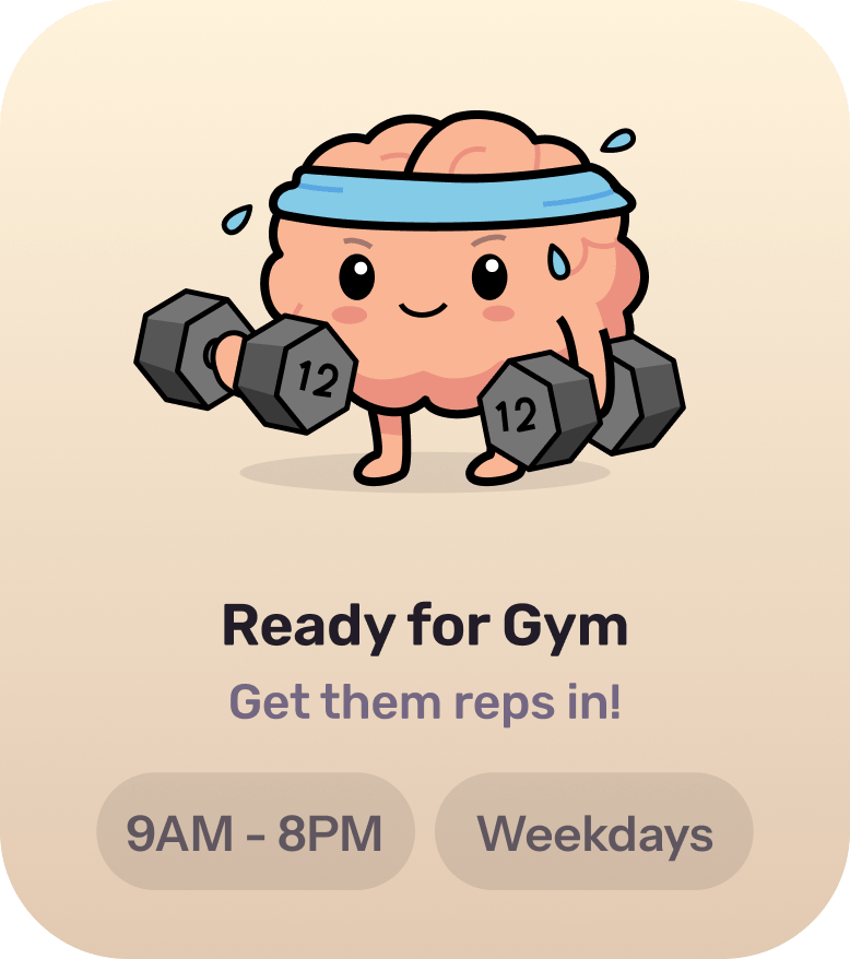A vector image showing a cartoon brain mascot wearing a headband and lifting dumbbells with the text "Ready for Gym".