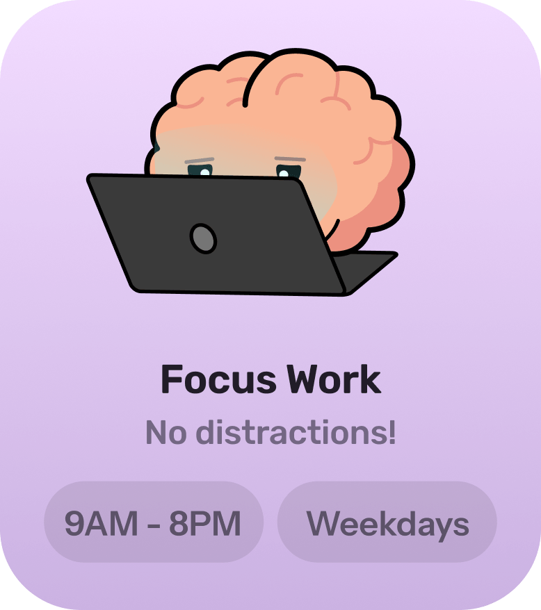 A vector illustration with a purple background showing a cartoon brain mascot character working on a laptop with the text "Focus Work".