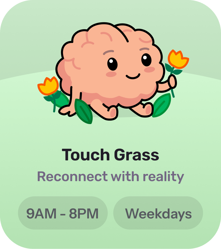 A vector illustration with a green background showing a cartoon brain mascot sitting in green grass and holding a yellow flower.