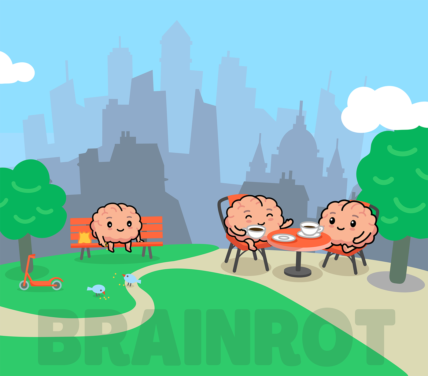A vector illustration showing several cartoon brains sitting on park benches in a city park with green grass and paths, with a background of building silhouettes.