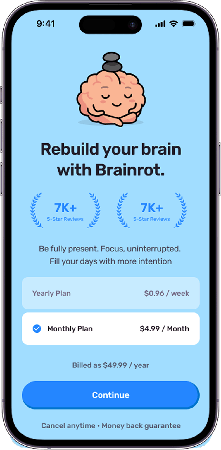 An image showing a mockup of an iphone screen for an app, with a light blue background. A cartoon mascot of a brain meditating with rocks on its head at the top, with the text "Rebuild your brain with Brainrot" underneath.