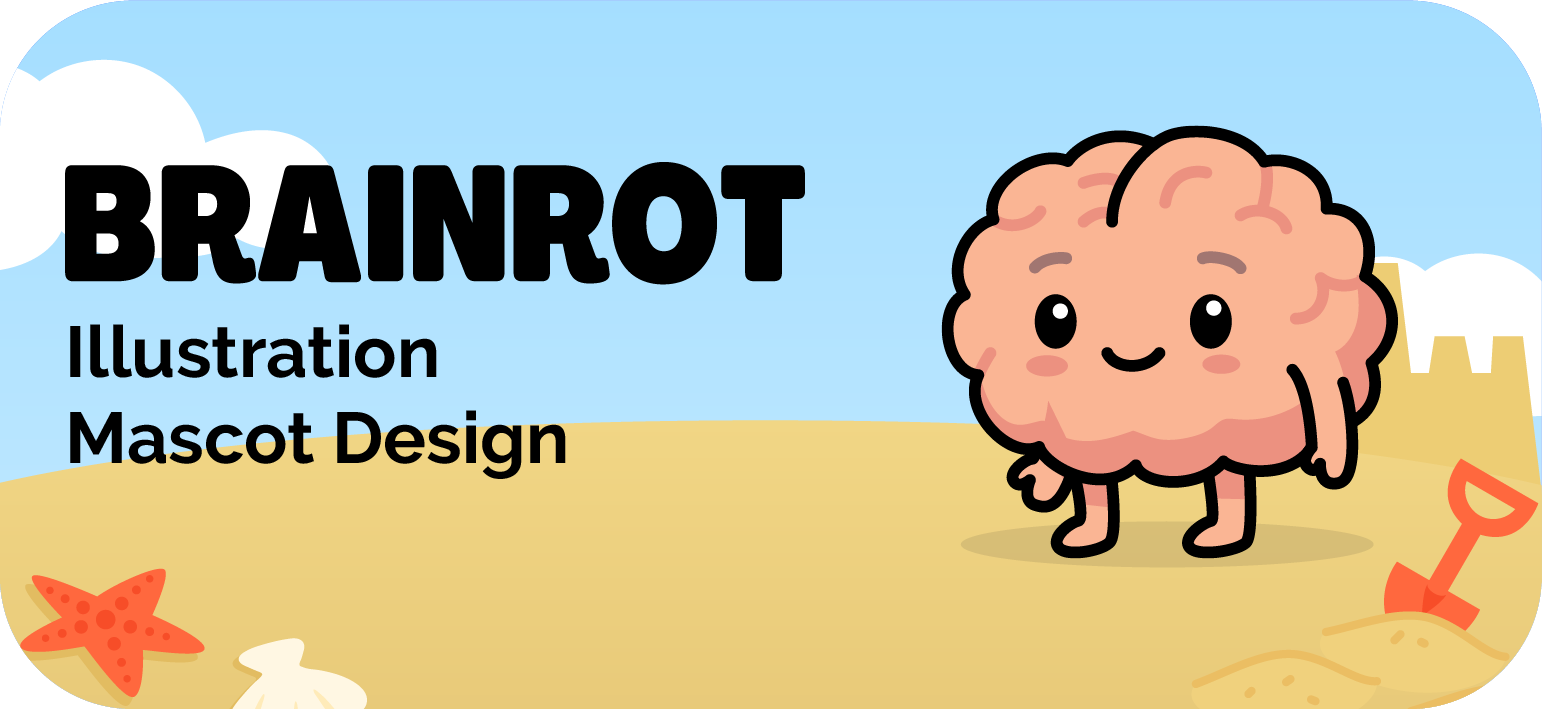 A vector illustration of a cartoon brain mascot standing and smiling on a beach with a blue sky and starfish in the background. Text reads BRAINROT Iluustration Mascot Design