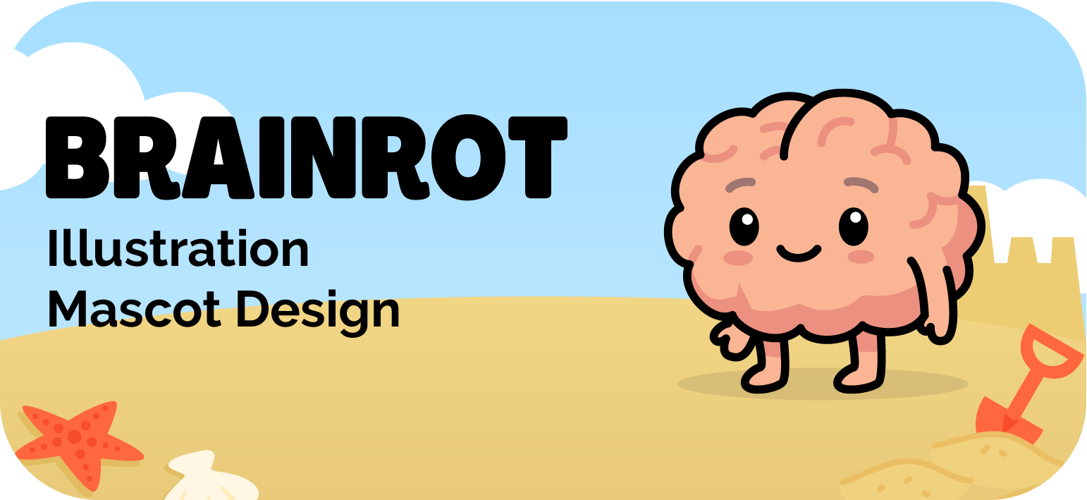A vector illustration of a cartoon brain mascot standing and smiling on a beach with a blue sky and starfish in the background. Text reads BRAINROT Iluustration Mascot Design