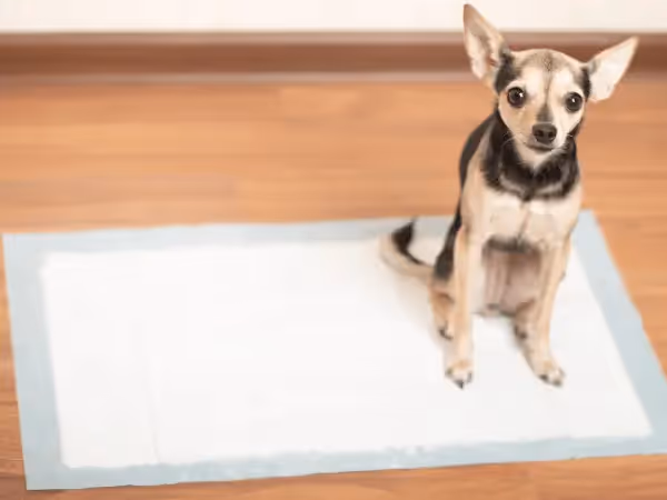 A puppy sitting on a pee pad, representing the role of pee pads in potty training