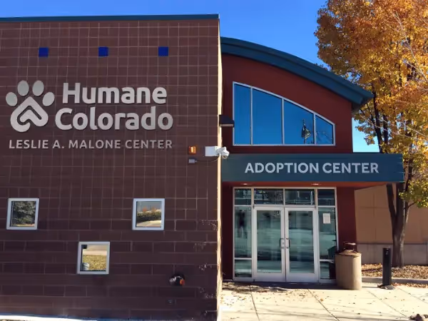 The exterior of Humane Colorado, Leslie A. Malone Center, a puppy shelter near Denver, Colorado