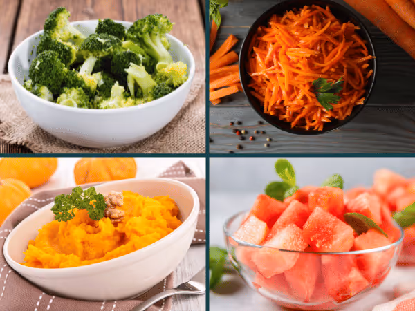 A collage showing examples of vegetables and fruits that can be used as kitten treats, in moderation