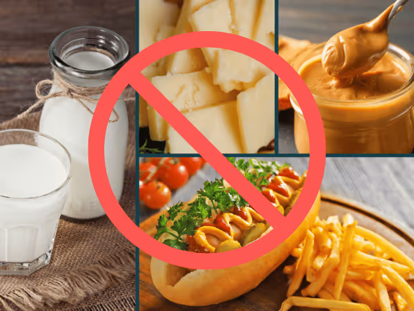 A collage showing milk, cheese, peanut butter, and processed food, which are not advisable as kitten treats