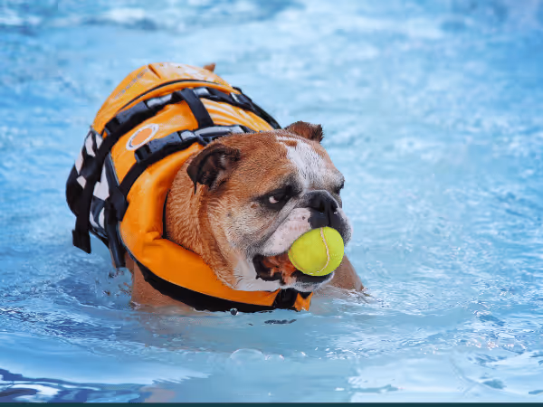 A photo of a dog swimming in a pool, wearing a vest, representing dog swimming pool safety or dog swimming safety