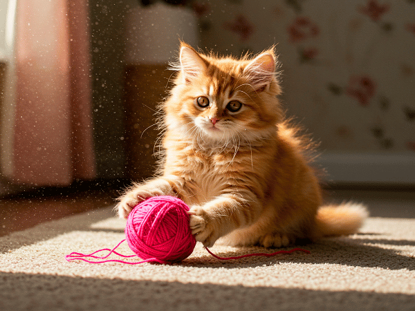 A cat playing with a ball of yarn, putting them at risk of dietary indiscretion, one of the common causes of diarrhea in cats